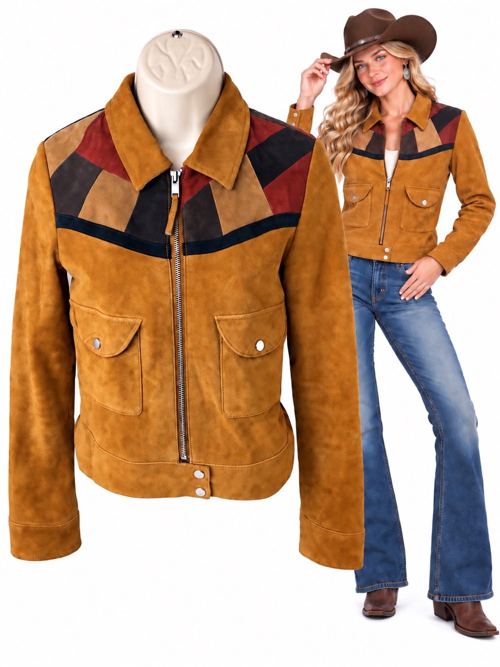 MNG Y2K Mango Genuine Suede Leather Patchwork Western Jacket Brown XXS